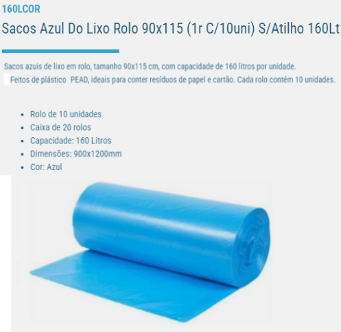 Sacos Azul Do Lixo Rolo 90X115 (1R C/10Uni) S/Atilho 160Lt  