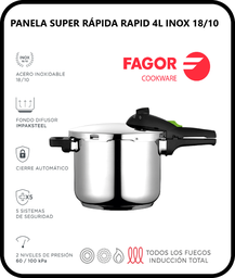 [107.640.78510] Panela Super Rápida Rapid 4 L Inox 18/10 Fagor              