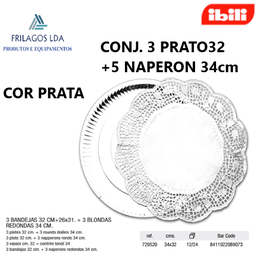 [107.676.729520] Conjunto 3 Bandejas Prata 32Cm+5 Naperons 34Cm Ibili        