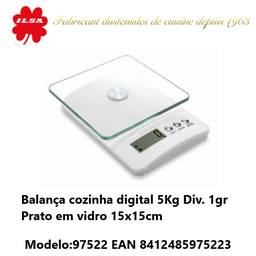 [107.97522] Balança Cozinha Digital 5Kg Div.1Gr Prato Vidro 15X15Cm Ilsa