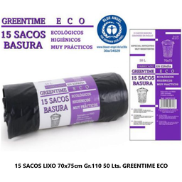 [880.3307075110] 15 Sacos Lixo Preto 70X75Cm Gr.110  50 Lts. Greentime Eco   