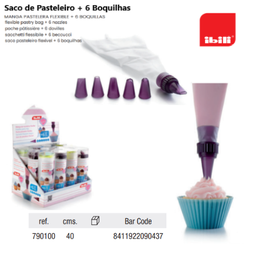 [107.676.790100] Saco Pasteleiro Flexível 40Cm + 6 Boquilhas Ibili           