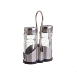 [107.0430682301] Conjunto Sal/Pimenta Vidro/Inox Ø3X9Cm Suporte 7,8X3,7X13Cm 