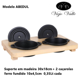 [880.B941048] Suporte Abedul Madeira 30X18Cm+2 Caçarolas Ferro 10X4.5Cm   