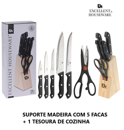 [107.640.76027] Suporte Madeira Com 5 Facas + 1 Tesoura De Cozinha          