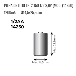 [107.640.38111] Pilha Lítio Lpt2 150 1/2 3,6V Mod.14250 1200Mah Ø14,5X25,5Mm