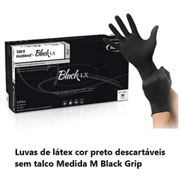 [107.881.98425] Luva Látex Preta Descartáveis S/Talco Tam.-M Black Grip 100U