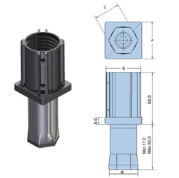 [FDD.PN.705] Pé Reg. Peq. Preto Em Pa/Inox Sext. P/ Tubo 40X40 16/60Mm   